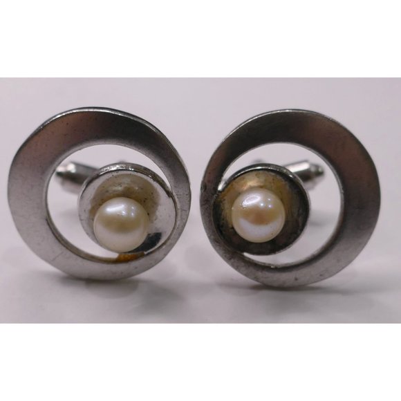 MCM Signed P&K Sterling Silver Atomic Look Cuff Links With Pearls Wedding Prom - Picture 8 of 12